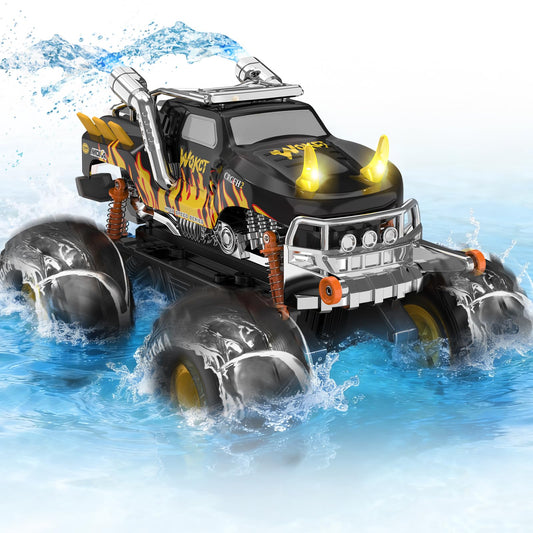 Amphibious 1:16 Waterproof Monster Truck Toys RC Car Water Blaster Trucks 60+ Min Runtime with 2 Batteries 360 Spin 4WD All Terrain Off-Road Pickup rc car Toy 5-12 Year Old Kids Gifts Children's Day