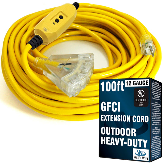 100 ft GFCI Extension Cord - Outdoor Extension Cord Waterproof - Heavy Duty Outdoor Extension Cords 100 ft with Multiple Outlets - Watts Wire - 100' Grounded - GFI Cord - extensiones electricas