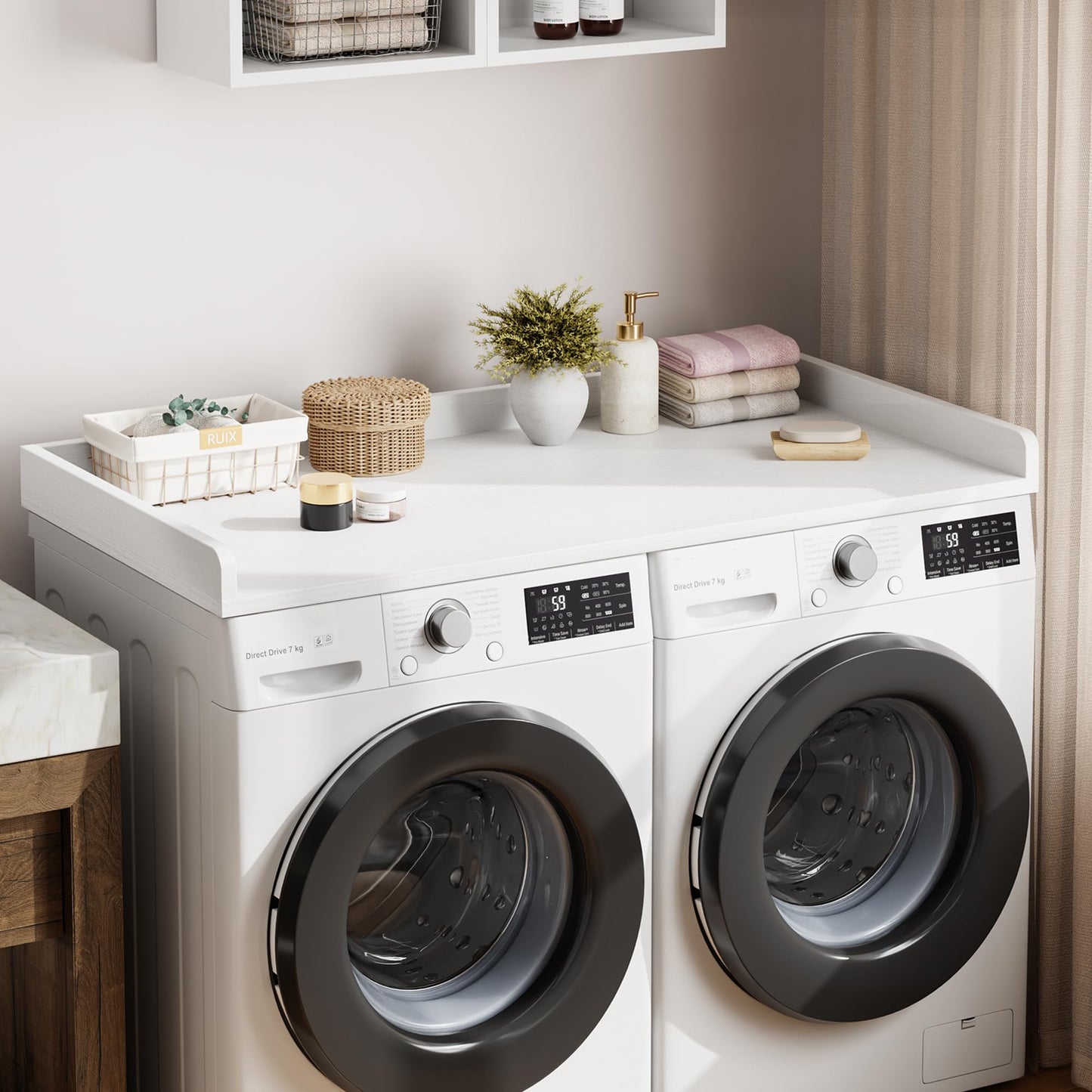 IDEALHOUSE 2-Tier Washer and Dryer Countertop with Shelf or Drawers, Laundry Countertop Cover with Non-Slip Pad, 54"X27.5" Laundry Topper for Folding Clothes Over Washer and Dryer-White