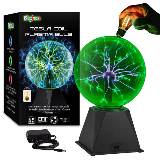 Playbees Green Plasma Ball - 7 Inch - Tesla Coil Bulb Static Electricity in a Vacuum Pressurized Glass Globe, Nebula Thunder Lightning, Plug-in - for Parties, Decorations, Prop, STEM