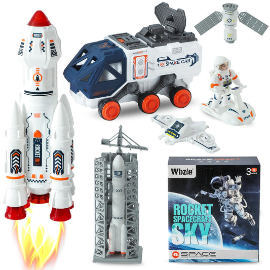 Wbzle Space Ship Toys for Kids, Rocket Toy Set with with Light Sound Spray Effect, Space Set Include Car, Rocket Launcher, Satellites, Outer Space Playset Series