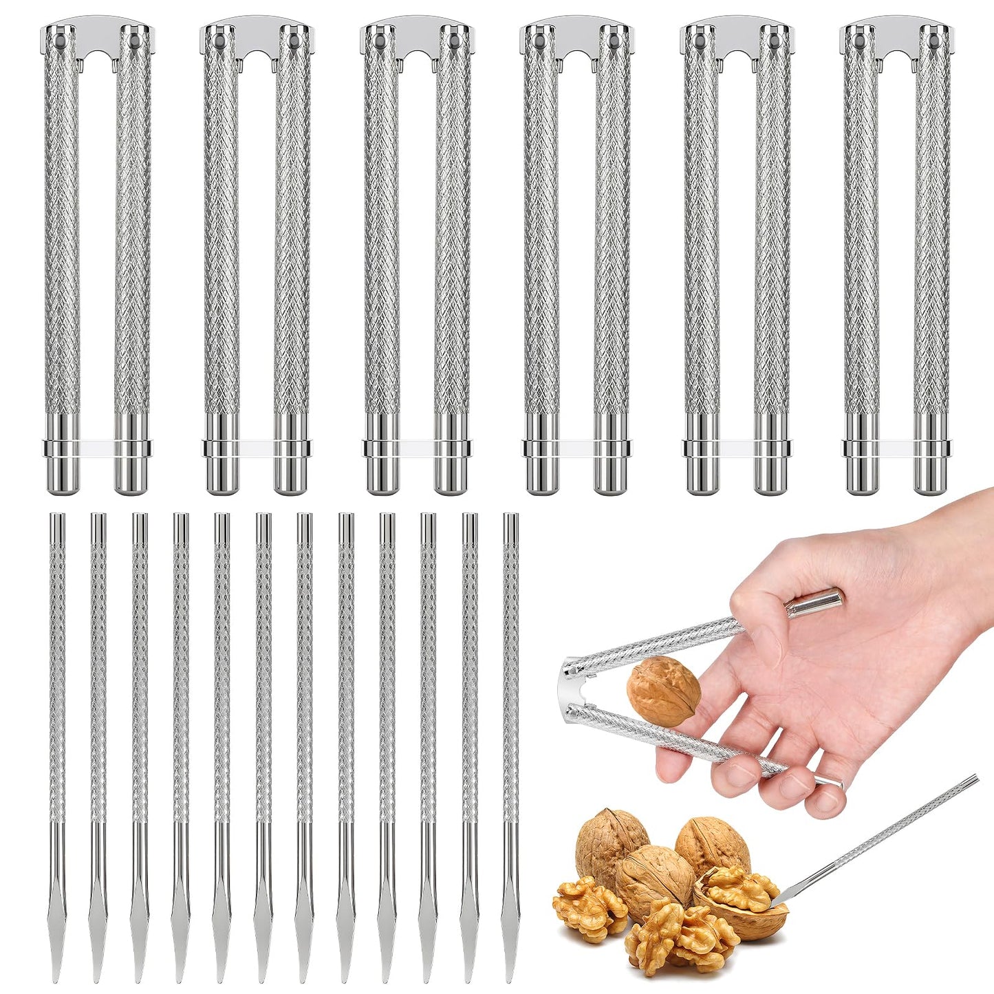 6pcs Nut Crackers for All Nuts and 12pcs Picks Set, Nut Cracker Tool for Walnuts and Crab Legs, Stainless Steel Nutcracker (Silver)