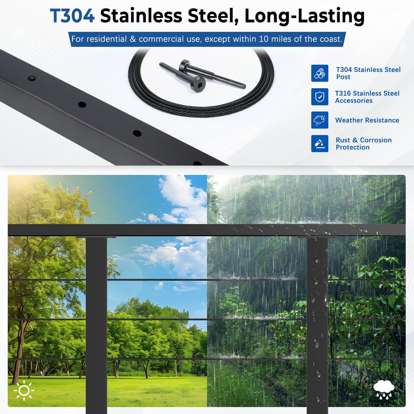 Zylorix 16ft-20ft Modular Cable Railing Post Kit 42" T304 Stainless Steel 5 Level Post Kit, Surface Mount Black Cable Railing System for Decks Length Adjustable Easy DIY, 259ft 1/8" Wire(No Handrail)
