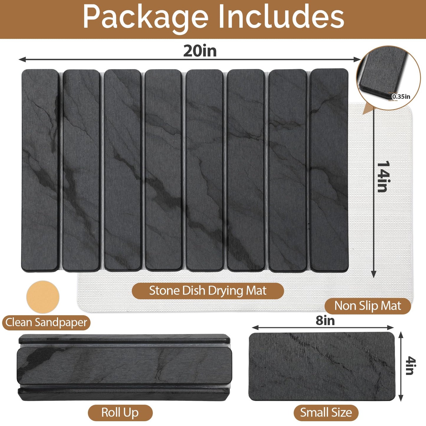 2 PCS Stone Dish Drying Mat for Kitchen Counter,Quick Dry Stone Dishes Mats,Marbled Water Absorbing Diatomaceous Earth Drying Pad for Countertop Bottles Utensils Cups（Dark Gray 20"×14" & 8"x4"）