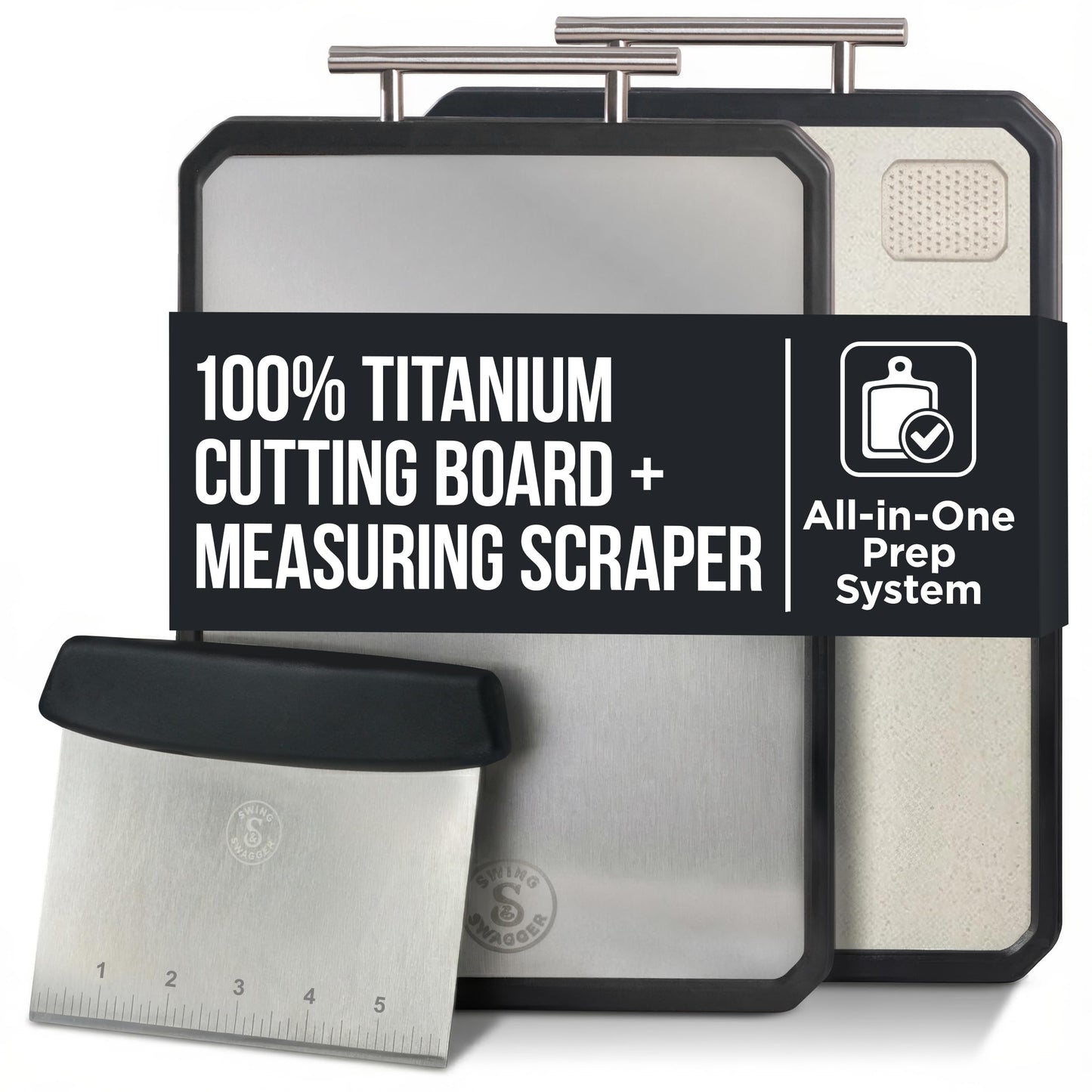 Titanium Cutting Board for Kitchen with Scraper – 16” x 11” Double-Sided Metal Cutting Board with Steel Handle, Large Prep Surface