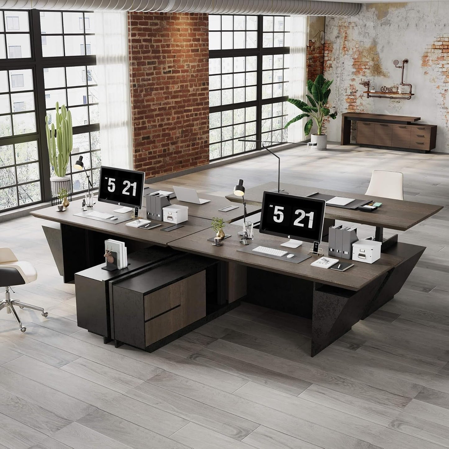 SAINTCY Adjustable Executive Desk - Luxury L Shaped Desk with Drawers, Large Table with File Cabinets, Executive Office Desks with LED Light Strip Home Office Desk for Professionals