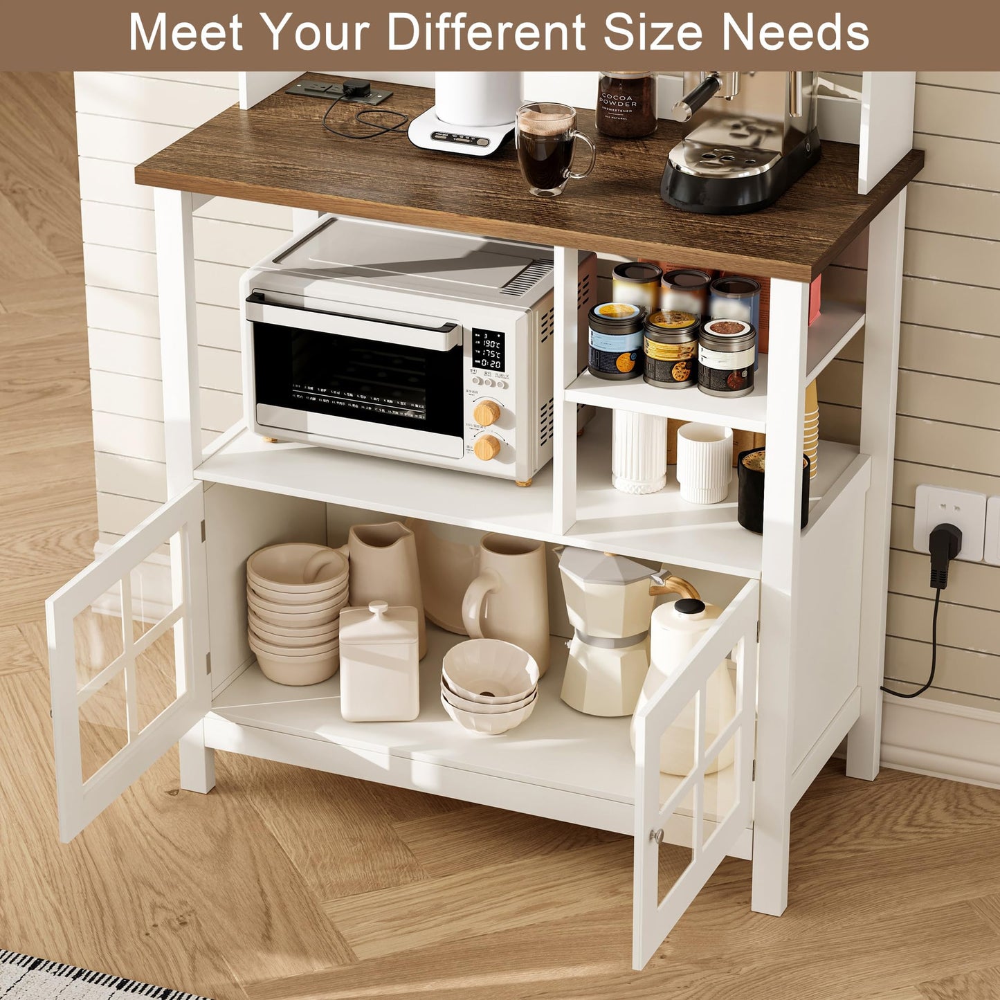 ChooChoo Farmhouse Bakers Rack with Power Outlets and Storage, Coffee Bar Cabinet with Storage, Microwave Stand Kitchen Cabinet with Hutch and 6 Hooks, Soft White & Brown
