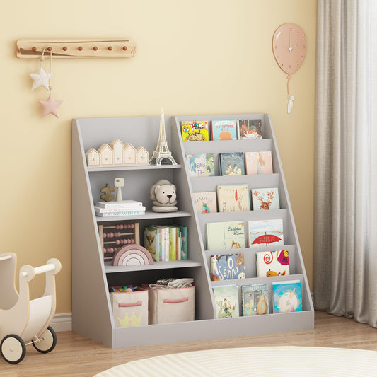 Ball & Cast Kids Bookshelf and Toy Storage,Toy Organizer W/ 4 Tier Kids Book Shelf,Toddler Montessori Bookshelf W/ 6 Layer Sling Children Bookcase,Wooden Display BookRack for Nursery Playroom,Gray