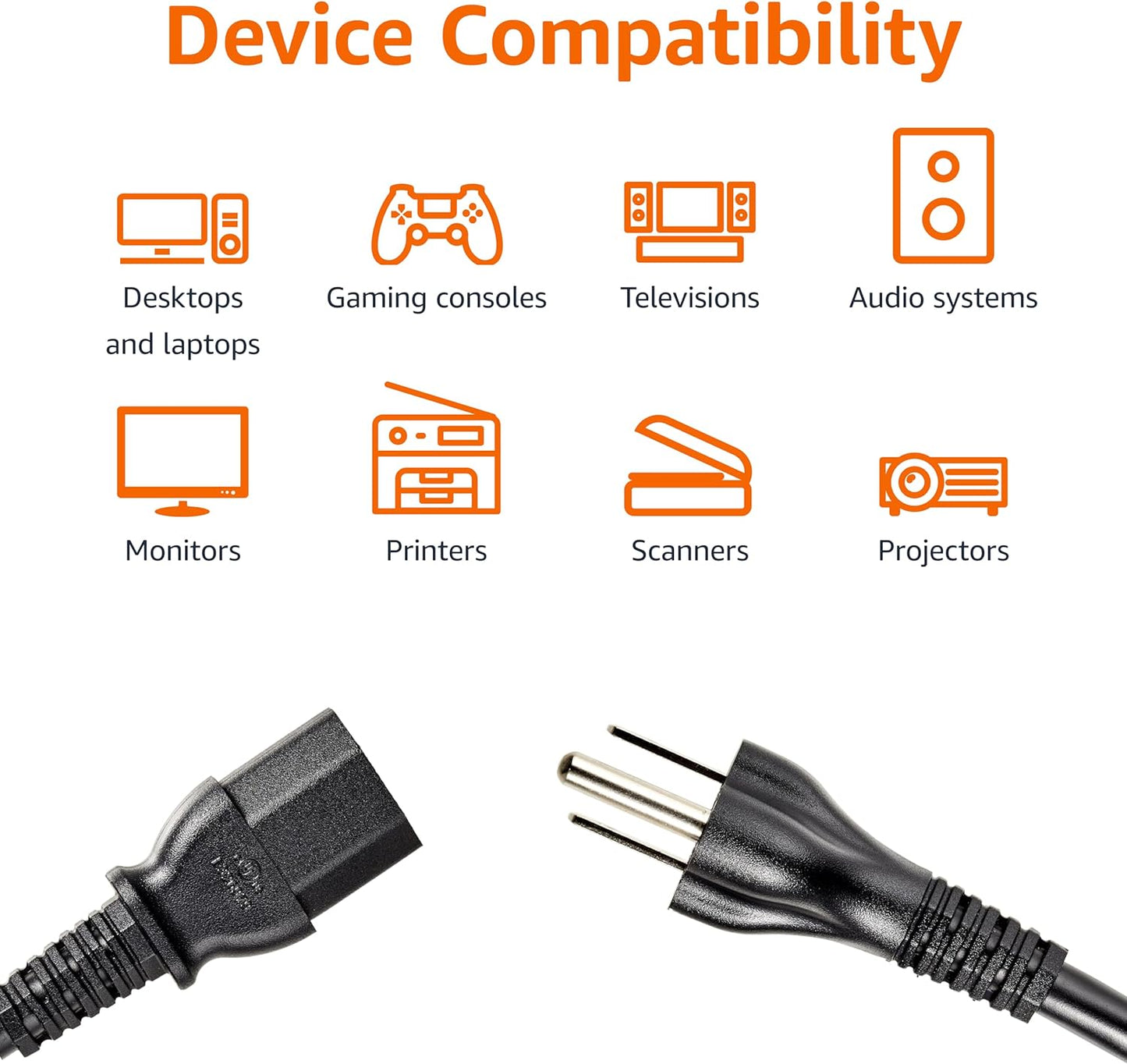 Amazon Basics 25 5-15P IEC320C13, 3 18 125 Universal PC Power Cable, Feet, NEMA to Prong Plug, AWG, Volts, UL Listed