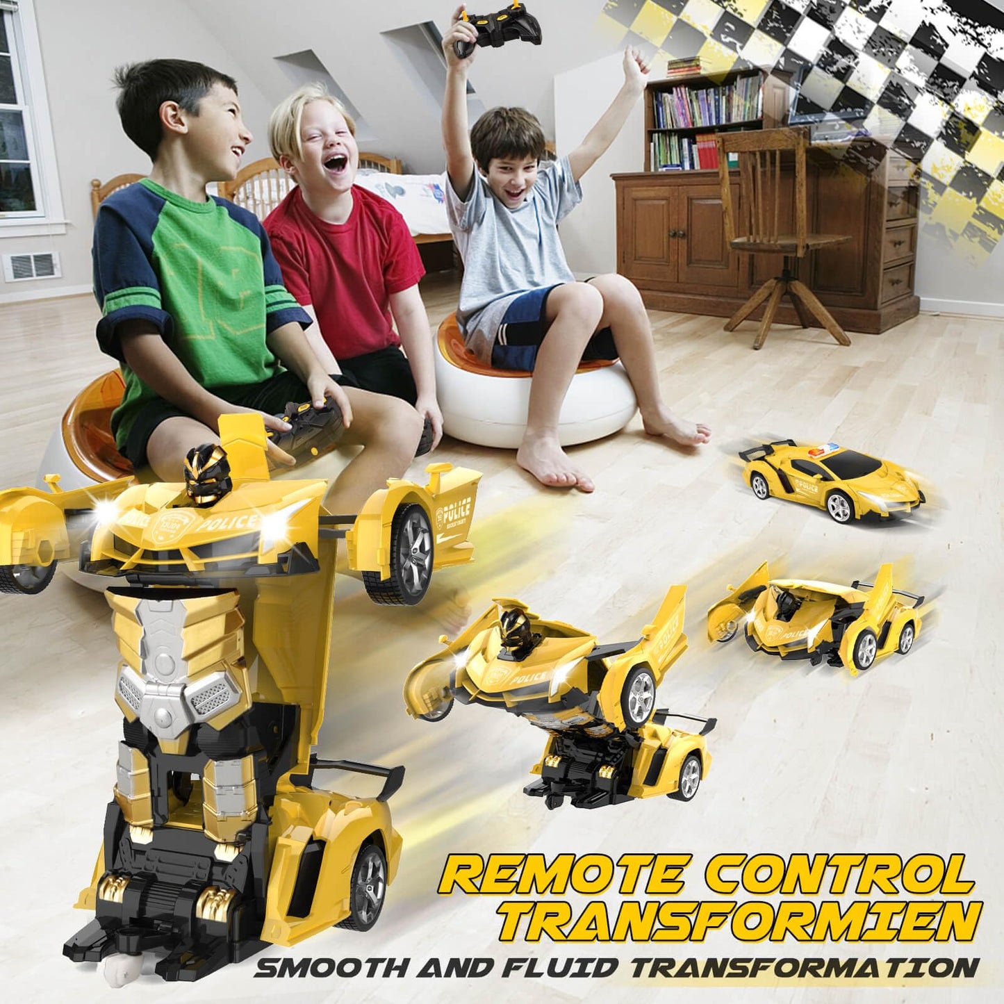 Britik Transform Remote Control Car - Rc Cars, One-Button Transforming, 360° Rotation Drifting, 2.4ghz 1:18 Scale, Gift Kids Aged 4-6 Year Old Boys/Girls, Police Car Yellow