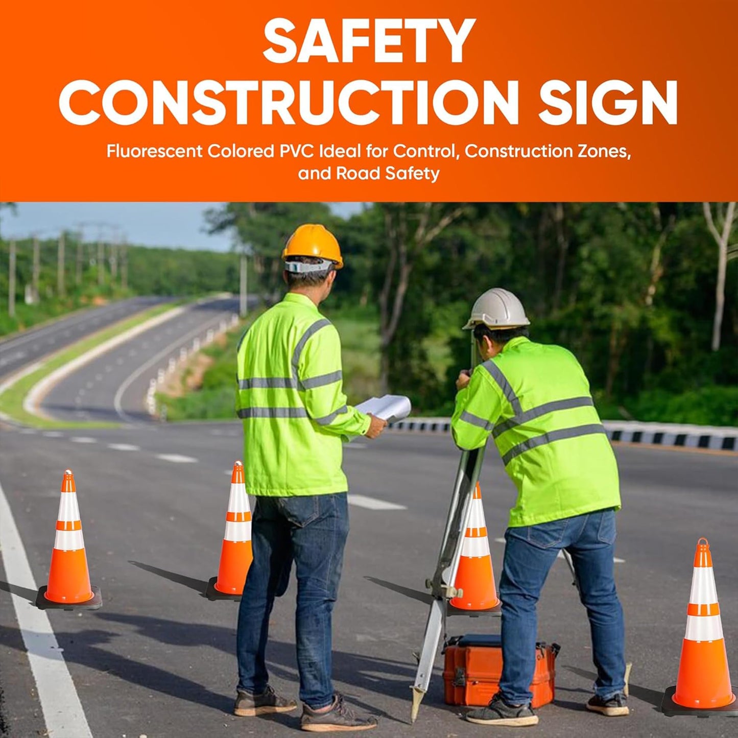 Pyle 28" Traffic Cones, 10-Pack High-Visibility Safety Markers for Roadwork, Parking Lots, Sports Training, and Construction Zones, Durable Orange PVC Cones with Stable Heavy-Duty Base