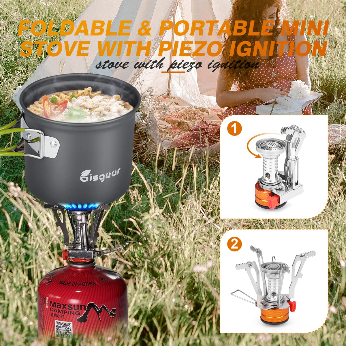 Bisgear Camping Cookware Portable Backpacking Stove Canister Stand Tripod Stainless Steel Cup Flatware Mess Kit - Camping Pot and Pans Cooking Set - Camping Gear Must Haves