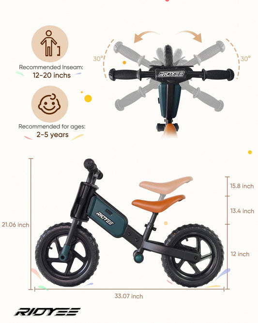 RIDYEE Toddler Balance Bike 2 Year Old, Kids Balance Bike for 2 to 5 Year with Tool-Free Adjustment, Limited Steering, Footrest, Custom Name Plate with Stickers, Gift Bike for 2-3 Boys, Green