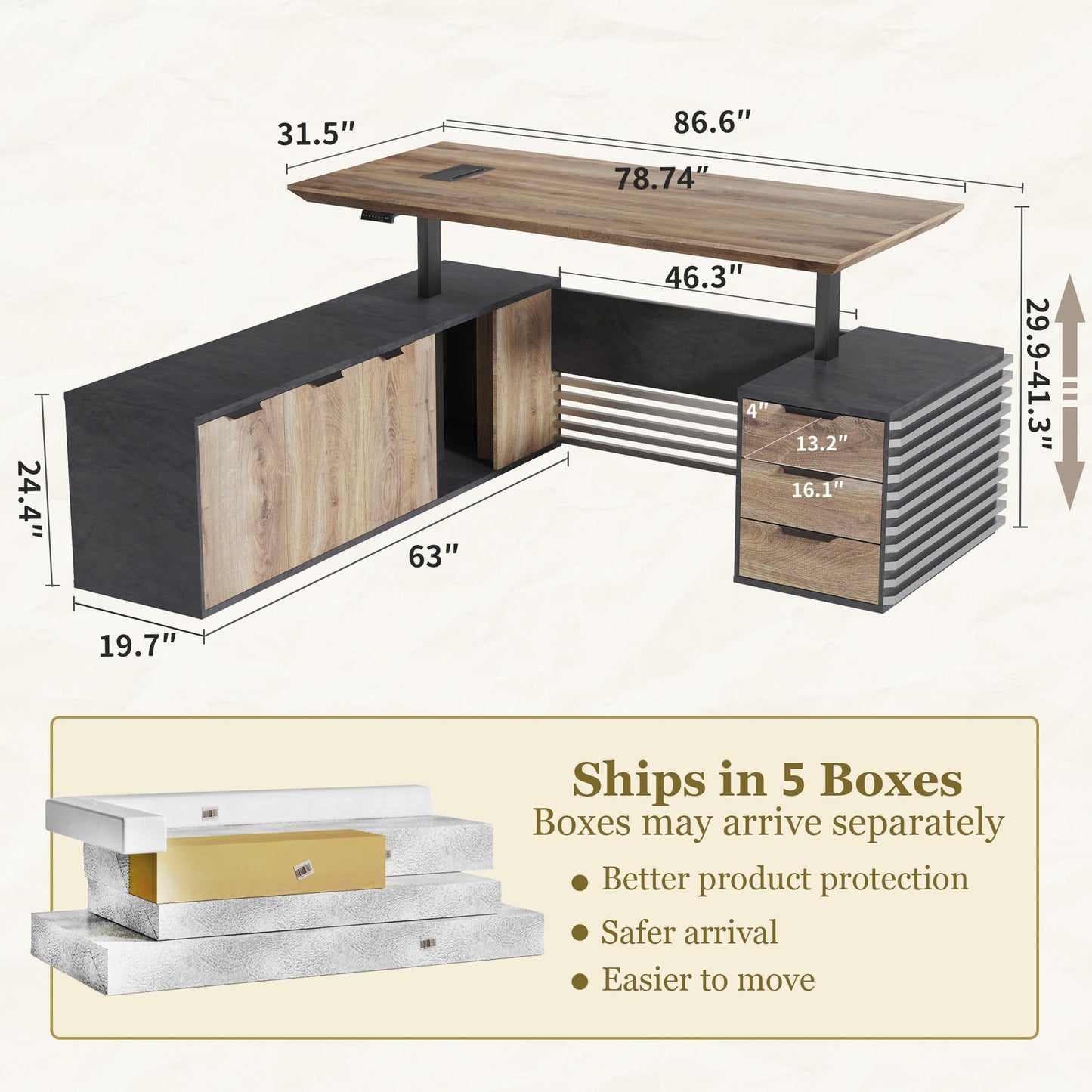 86.61IN Adjustable Heigh L Shaped Executive Desk w/7Cabinet Storage, Modern Computer Standing Home Office Desk w/Universal Charging Ports, Large Writing Table Business Furniture Workstation