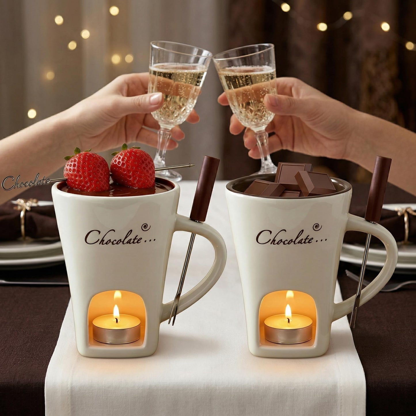 DECHOUS 2 Pack Fondue Mugs, Ceramic Chocolate Melting Cups with 2 Forks, Personal Fondue Mugs Set for Chocolate, Cheese, Butter, Ideal for Date Night, Birthday, Parties, Wedding Gift