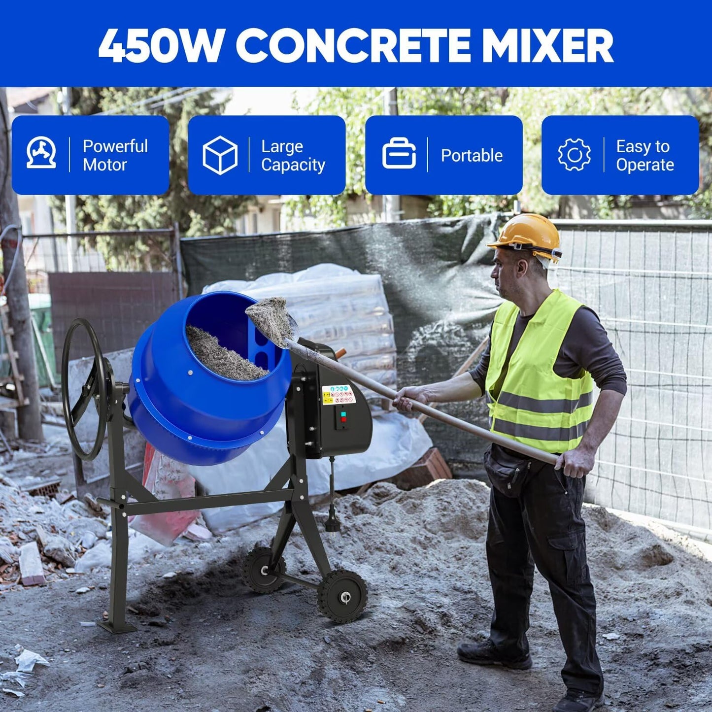 Dkenicor Electric Cement Mixer, 4.3 Cu.Ft. 450W 3/5HP Portable Concrete Mixer Machine with Wheels & Stand Steel for Stucco, Mortar, Feed Mixing, Ideal for Construction & Farm Use, Blue