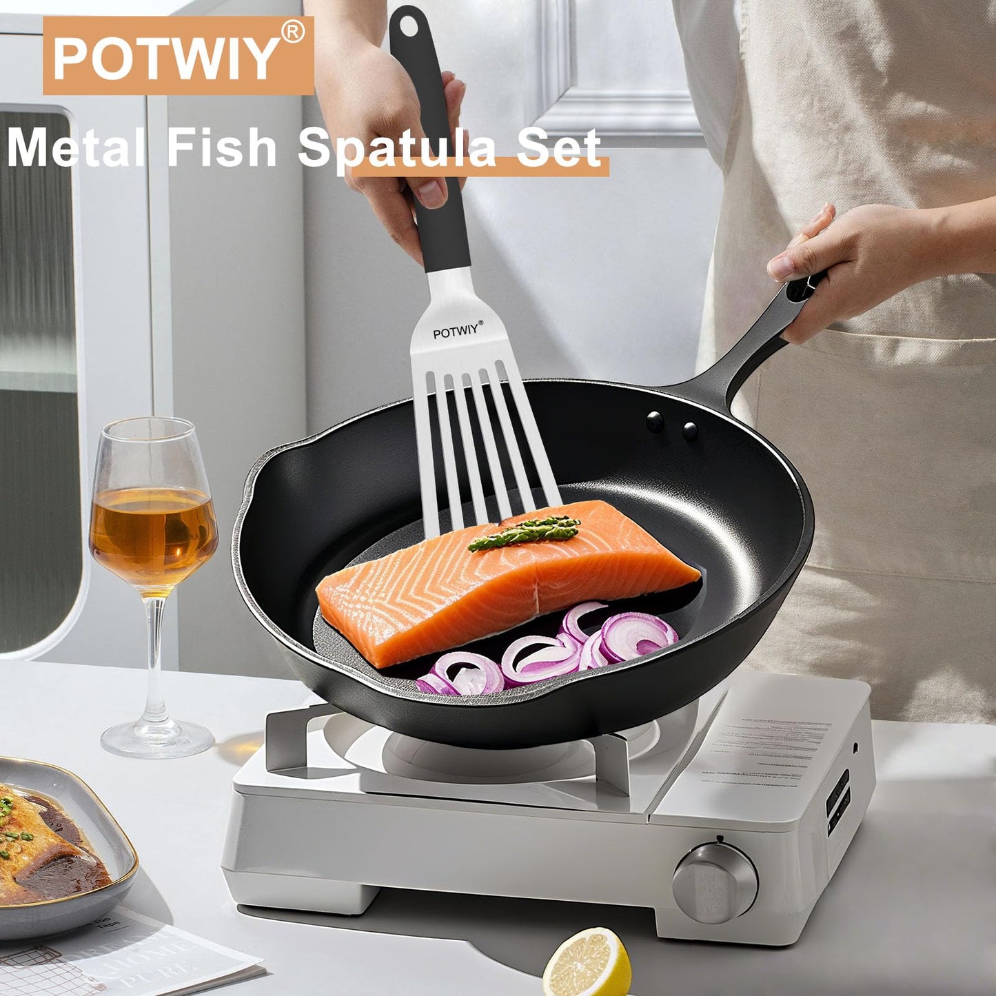 POTWIY Fish Spatula Stainless Steel, 11.3" Slotted Fish Turner with Silicone Handle, Small Metal Spatula for Cast Iron Skillet, Kitchen Cooking Flipper for Egg, Burger, Pancake