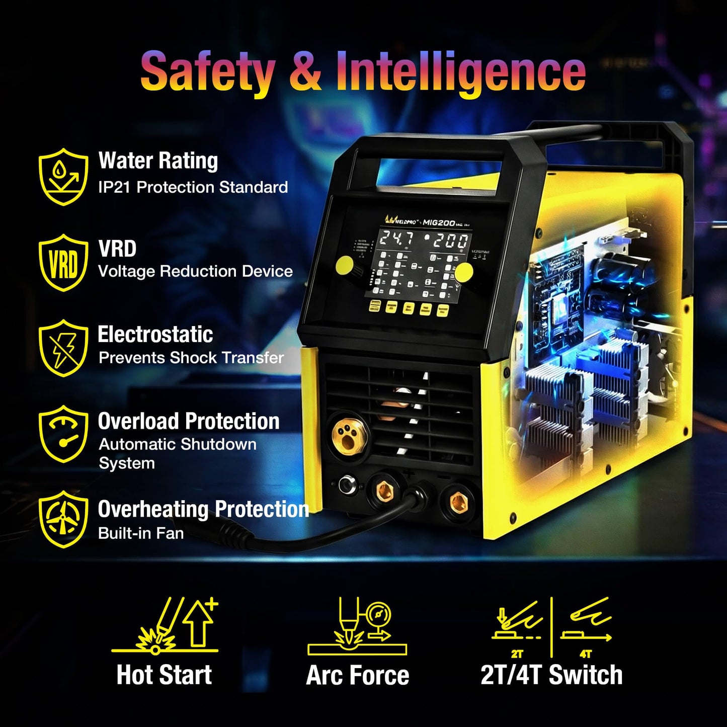 Weldpro 200 Amp MIG Welder, 110/220V 7-in-1 Manual MIG/Synergic MIG/Gasless MIG/Lift TIG/MMA/Spot/Spool Gun Aluminum Multi-process Welding Machine with Large LED Display, IGBT, 2T/4T, Spool Gun