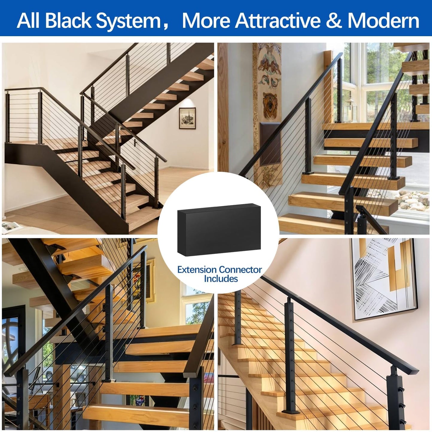 Zylorix 4ft-8ft Complete Set 36" Cable Railing System 33° Drilled with Cuttable Handrail, Modular Black T304 Stainless Steel Angled Stair Cable Railing Posts Kit for 28-38° Wood Concrete Stair