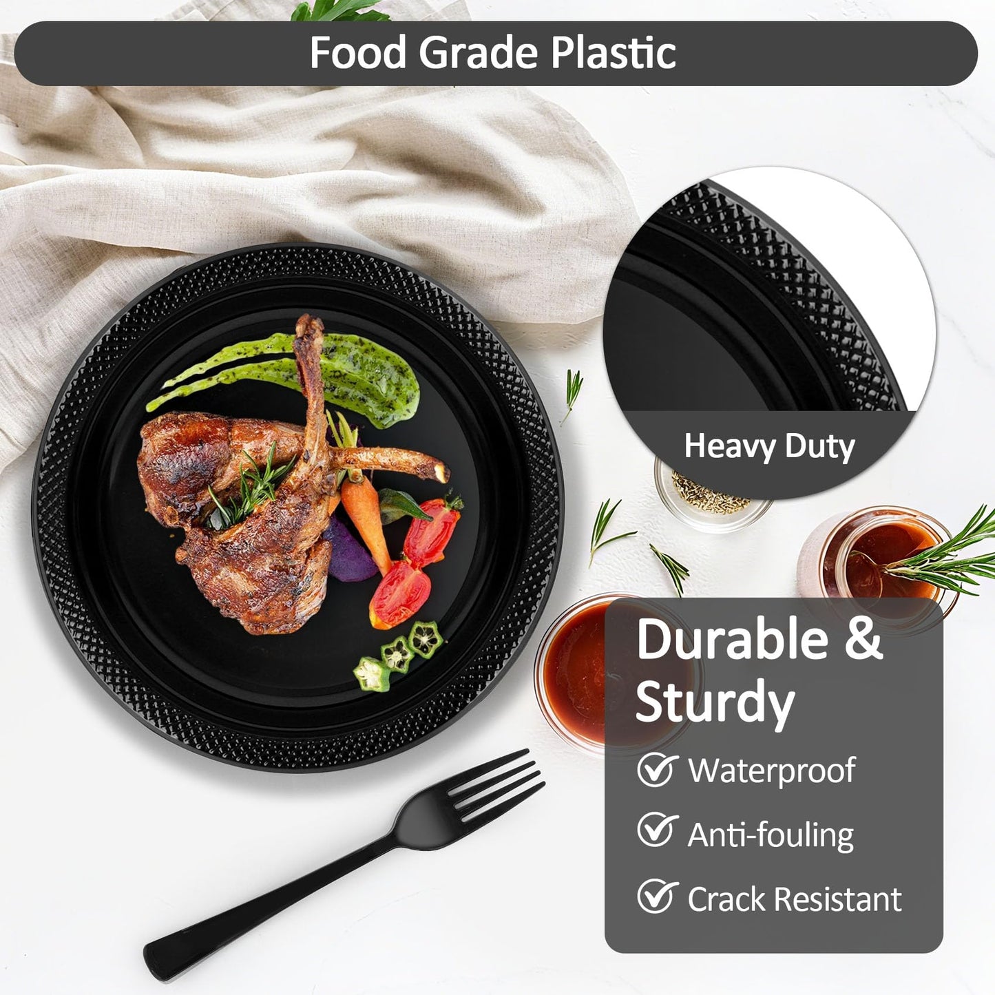 200pcs Black Plastic Party Plates Set, Disposable Black Plates and Napkins for Party, 50 Of Each 9" Dinner Plate, Napkins, Cups & Cutlery Plastic Dinnerware for Retirement, Graduation, Birthday, BBQ