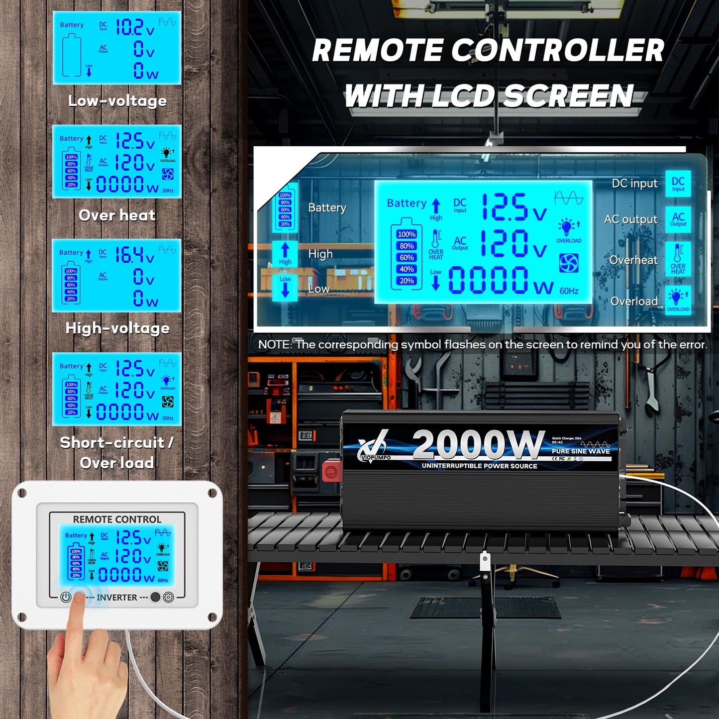 2000 Watt sump pump backup battery system, automatic switchover to battery inverter power, professional backup system in case of power failure, pure sine wave output Remote controller with LCD screen