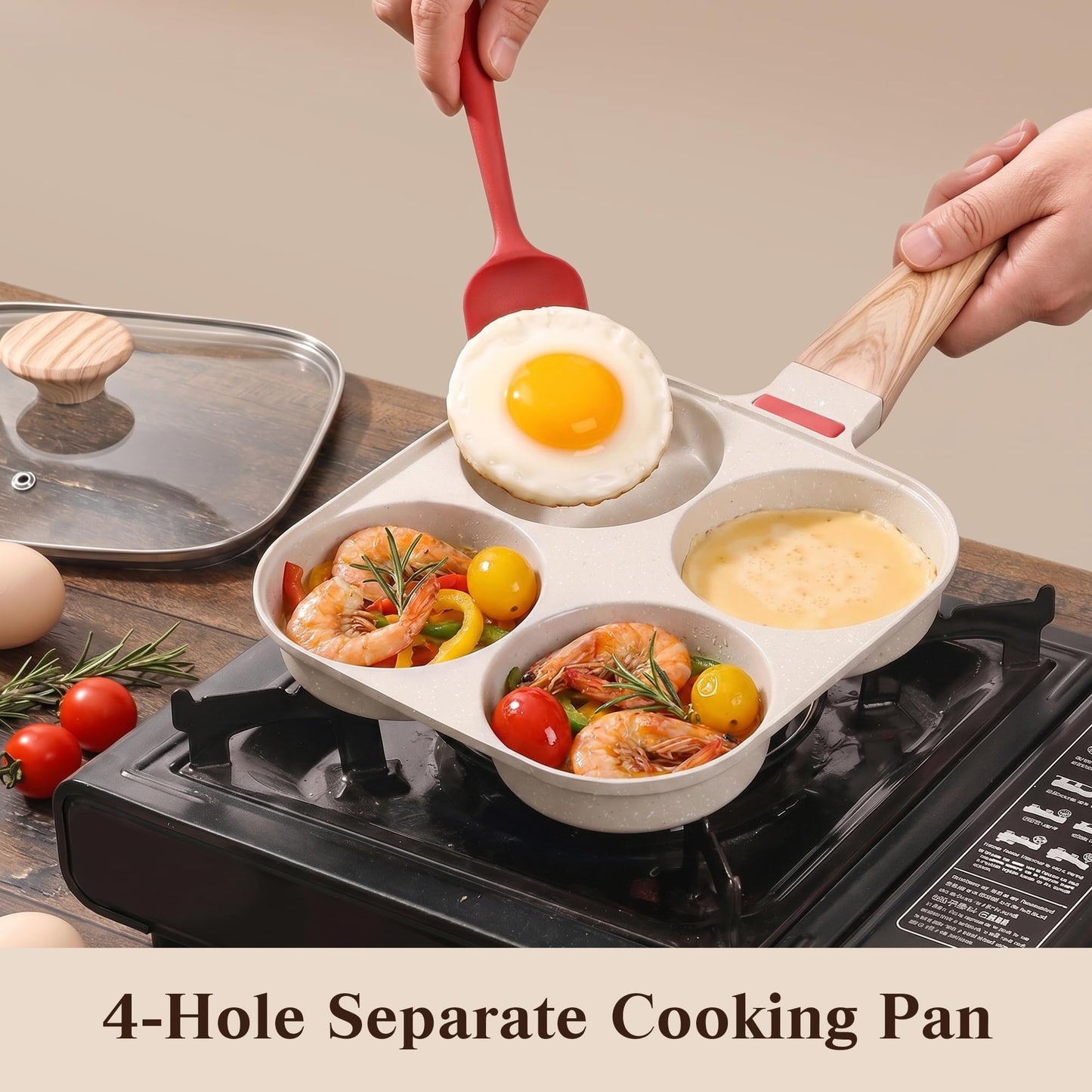 Foorey Home Egg Pan 4 Cup Nonstick Frying Omelette Pan with Lid for Breakfast Skillet for Eggs Pancake with 1 Spatula 1 Brush White