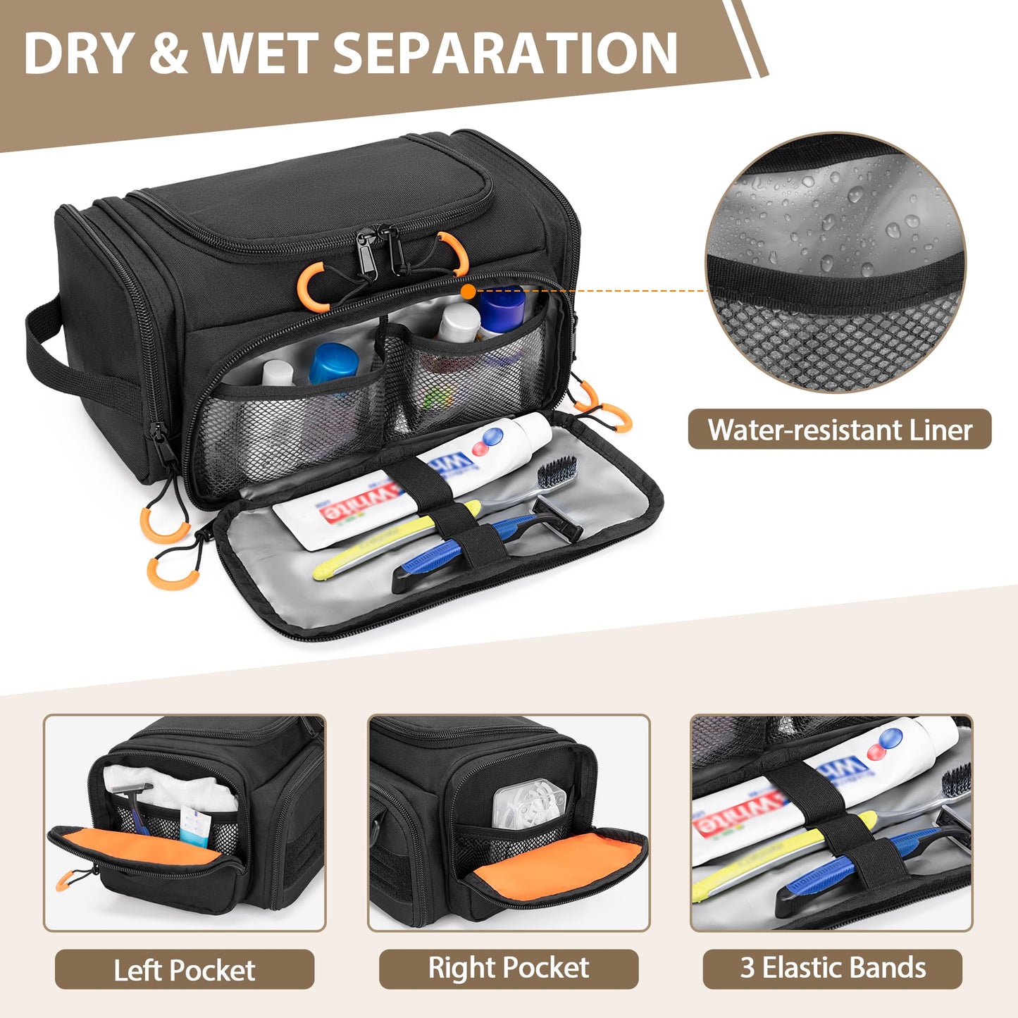 Prokva Tactical Toiletry Bag for Men, Hanging Hygiene Bag, Travel Dopp Kit Organizer for Shaving, Shower Essentials and Toiletries, Black (Empty Bag)