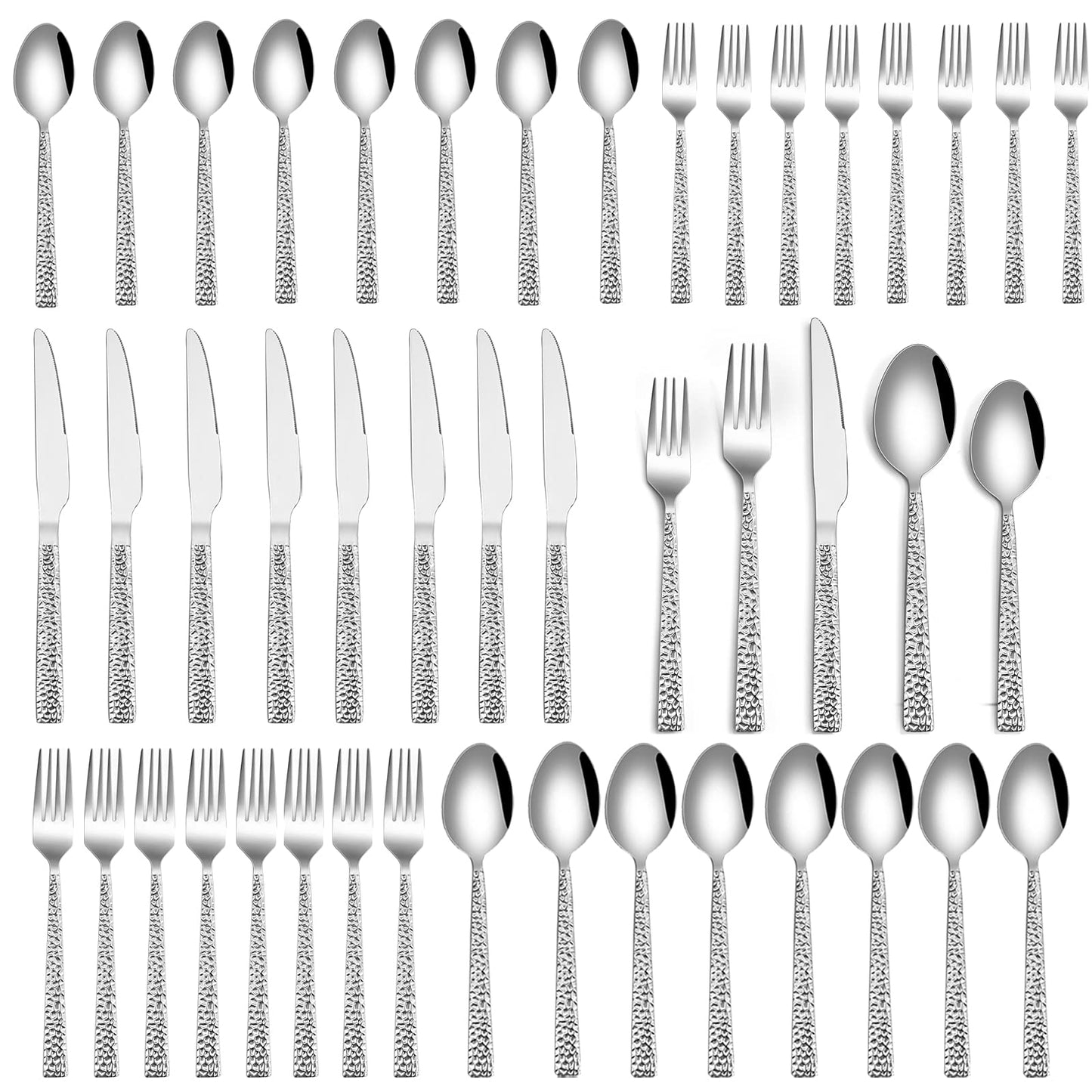 HaWare Hammered Silverware Set, 40-Piece Stainless Steel Flatware for 8, Eating Utensils Tableware Cutlery for Kitchen Hotel Restaurant Party, Mirror Polished - Dishwasher Safe