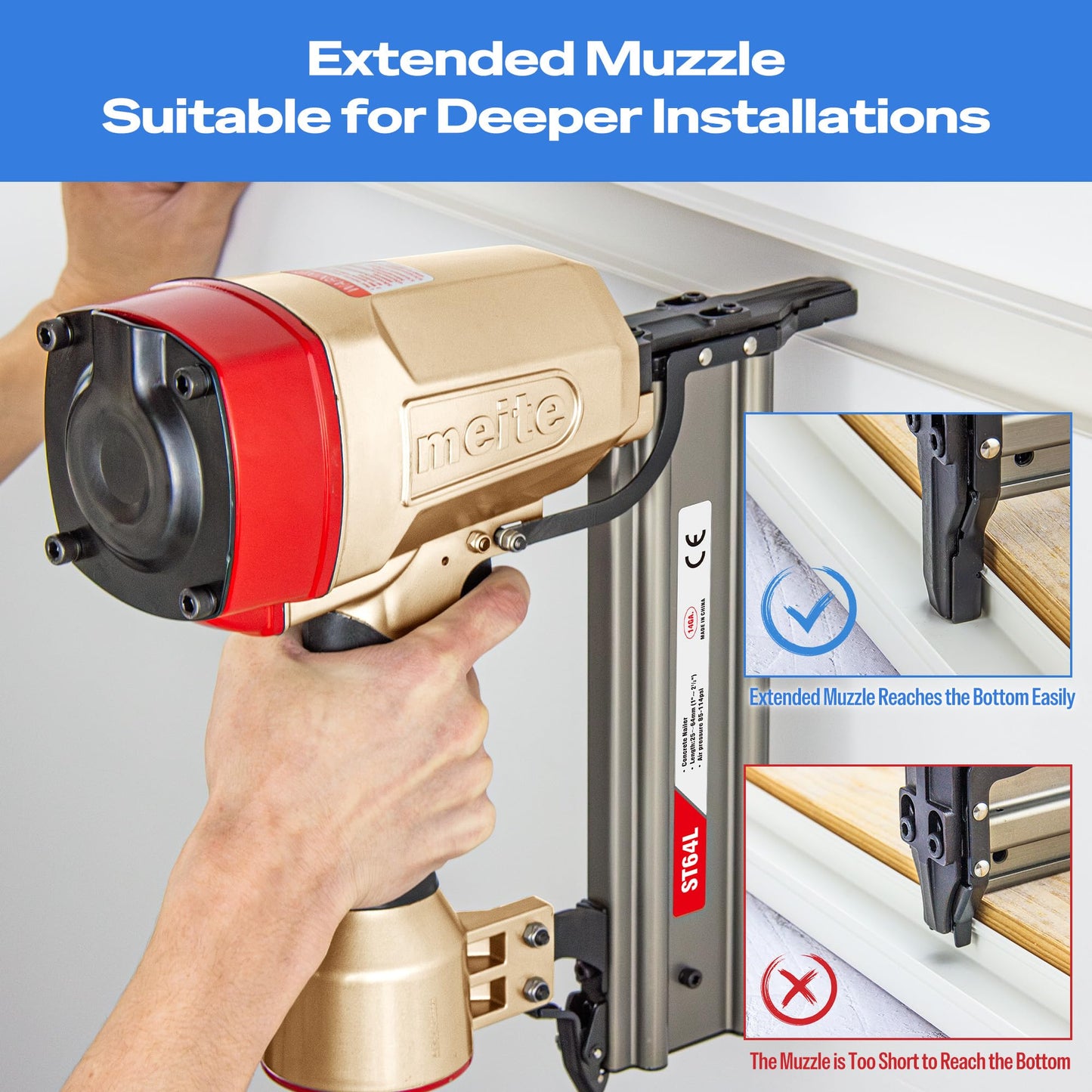 meite ST64L Concrete Nail Gun with 14 Gauge 2-1/2 Inch T Nails, Heavy Duty Pneumatic Concrete T-Nailer Gun for Wood-to-Concrete Projects, 100PCS Magazine