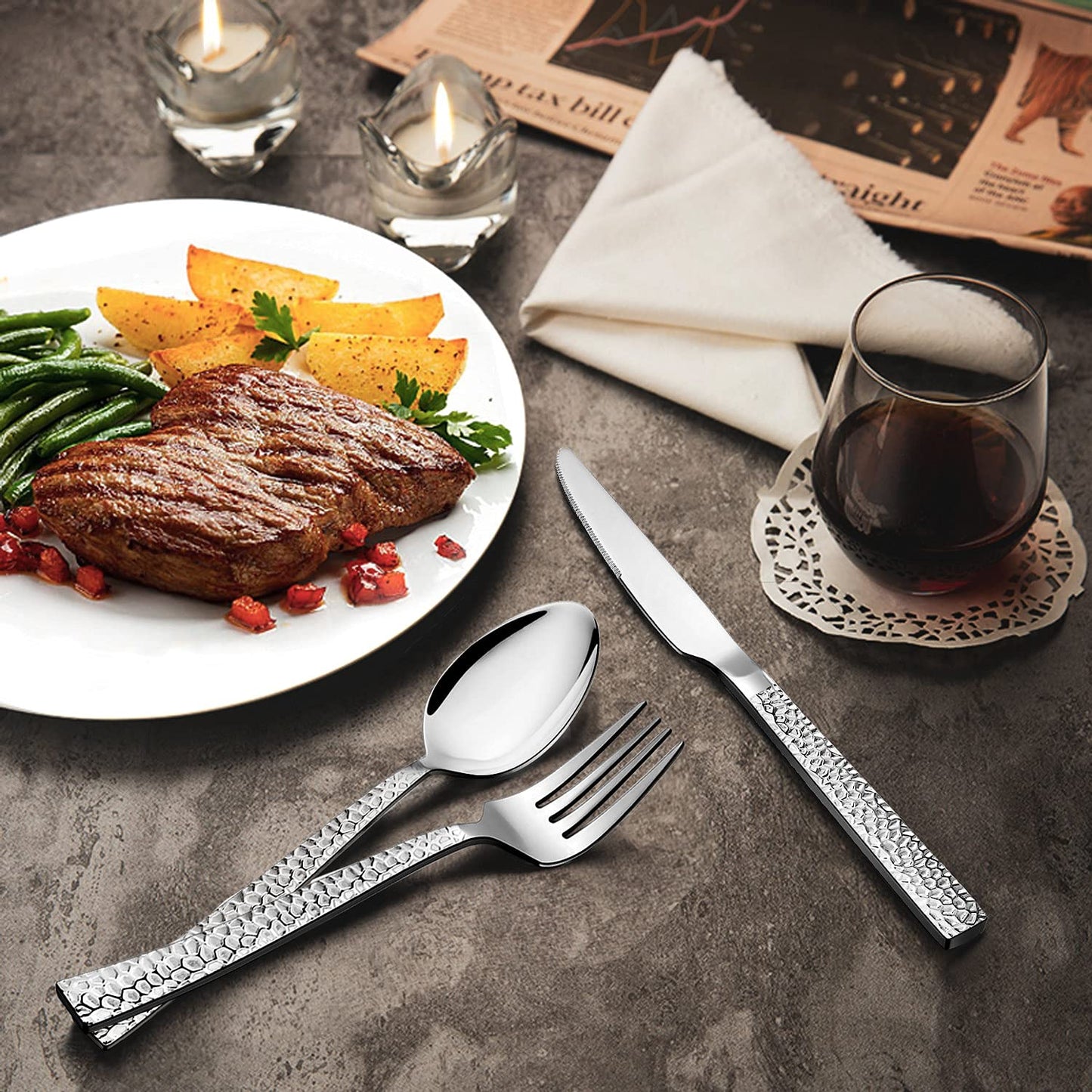 HaWare Hammered Silverware Set, 40-Piece Stainless Steel Flatware for 8, Eating Utensils Tableware Cutlery for Kitchen Hotel Restaurant Party, Mirror Polished - Dishwasher Safe