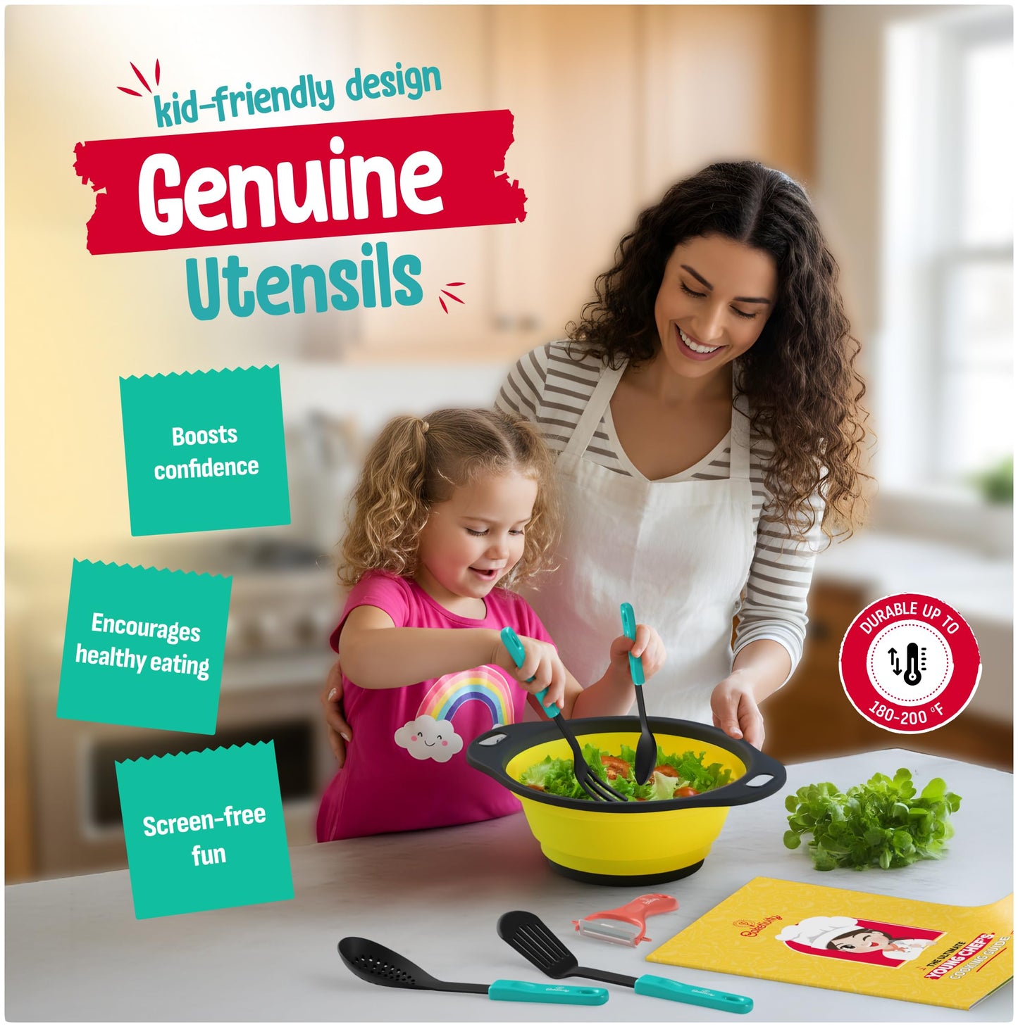 Baketivity Kids Cooking Set Real Utensils With Kitchen Tool Guide - Complete Junior Cooking Set Gift For Girls Or Boys With Mixing Bowls, Cutting Board, Knife, Apron - Kids Baking Set For Real Cooking