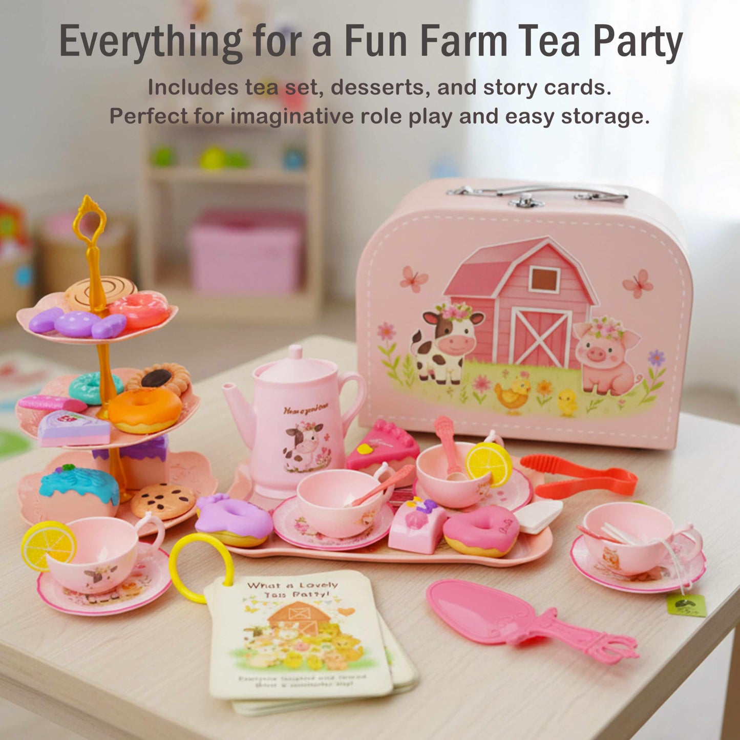 Lajeje Pink Barn Tea Party Set for Little Girls, 47PCS Farm Animal Pretend Play Tea Time Kit, Tea Sets for Toddlers 3-5 with Teapot & Story Cards, Carry Case Girls Birthday Gift, Easter Basket Stuffer
