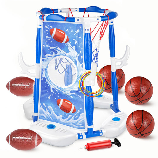 PJG Pool Basketball Hoop, 3-in-1 Floating Poolside Basketball Ring Game Football for Kids Ages 3-12, Outdoor Summer Swimming Pool Party Water Toy for Family Adults Boys Grils Birthday Gift (Blue)