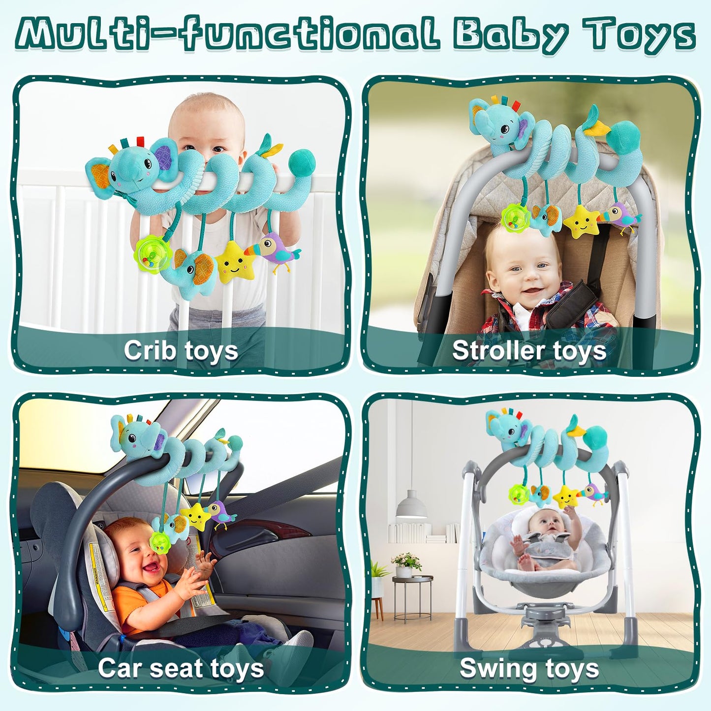 FPVERA Spiral Car Seat Activity Toy, Stroller Arch Baby Crib Hanging Toy with Rattle, Squeaky, Ringing Bell for Bassinet, Stroller, Crib for Infant Newborn Boy Girl Ages 0-12 Months