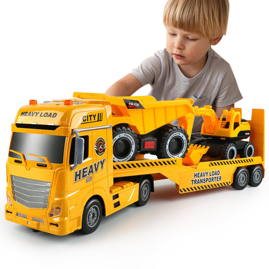 Dwi Dowellin Construction Carrier Truck Kids Toys,25.6" Semi-Trailer Toy with Excavator and Dump Truck,Gifts for Age 3 4 5 6+ Years Old Boys Girls