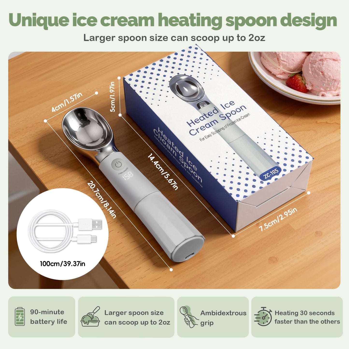 Heated Ice Cream Scoop Rechargeable with Removable Battery, Electric Warming Scooper, 30s Rapid Heating to 162°F, 316 Stainless Steel, LED Display & IP67 Waterproof, Easy Clean for Hard Ice Cream