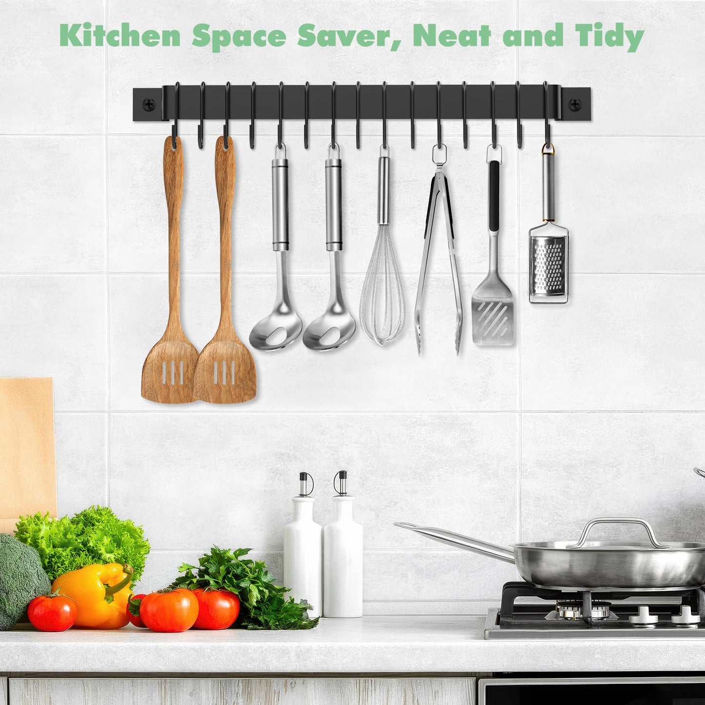 Housolution Kitchen Rail with 15 Hooks, 16 Inch Wall Mounted Hanging Utensil Rack Kitchen Utensil Hanger for Kitchen, 1 Pack, Black