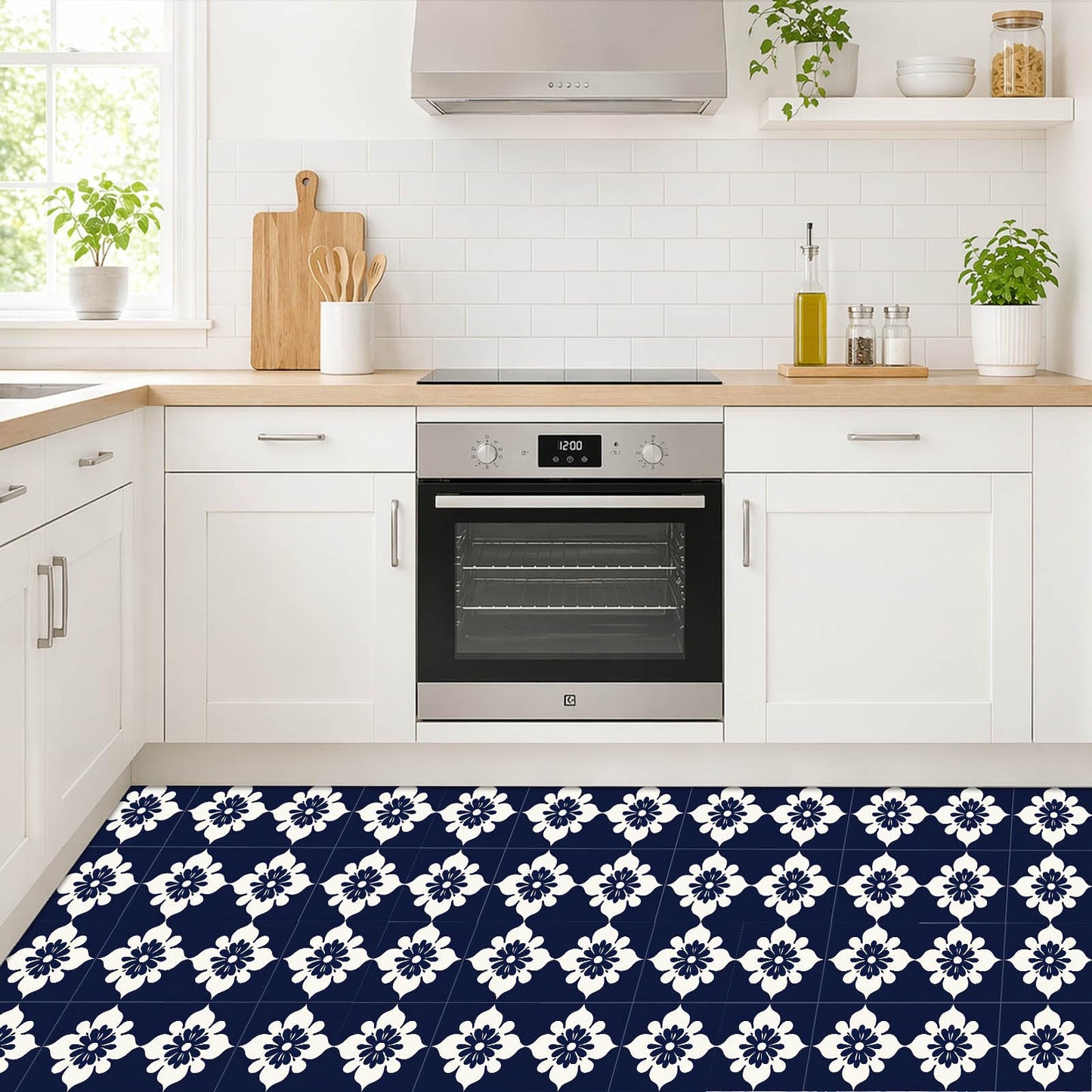 IVN 10PCS 12x12 Inch Navy Floral Pattern Peel and Stick Floor Tiles Removable Self Adhesive Vinyl Flooring Stickers for Bathroom Kitchen Balcony Decor