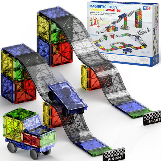 WMXDU 2-in-1 Dynamic Magnetic Downhill & Race Track Set - 40PCS Expandable Magnetic Tiles with Car for Creative STEM Play The Ultimate Travel Toy & Gift for Kids Ages 3-8 (40pcs-Race Set)