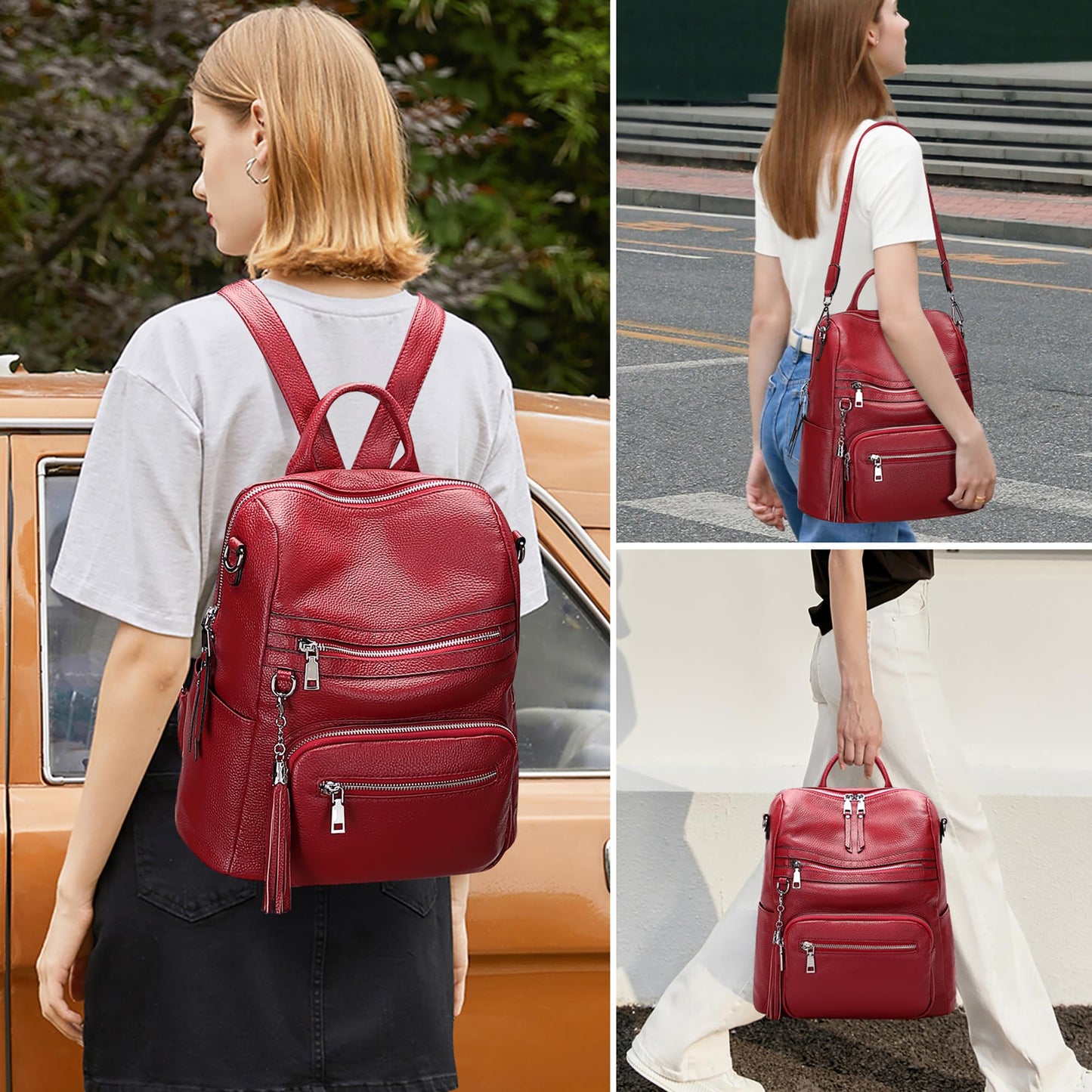 ALTOSY Genuine Leather Backpack Purse for Women Large Shoulder Bag With Laptop Compartment Multiple Pockets(S106 Red)