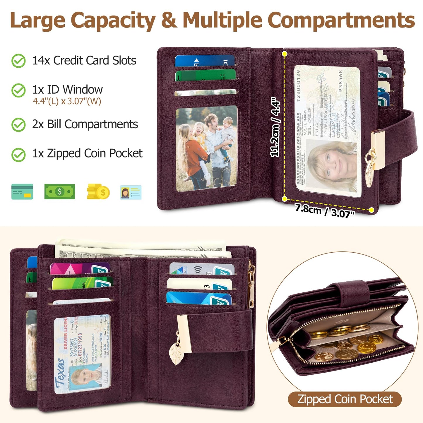 HUANLANG Small Wallets for Women Rfid Blocking Leather Bifold Credit Card Holder Ladies Wallet Zipper Pocket with ID Window