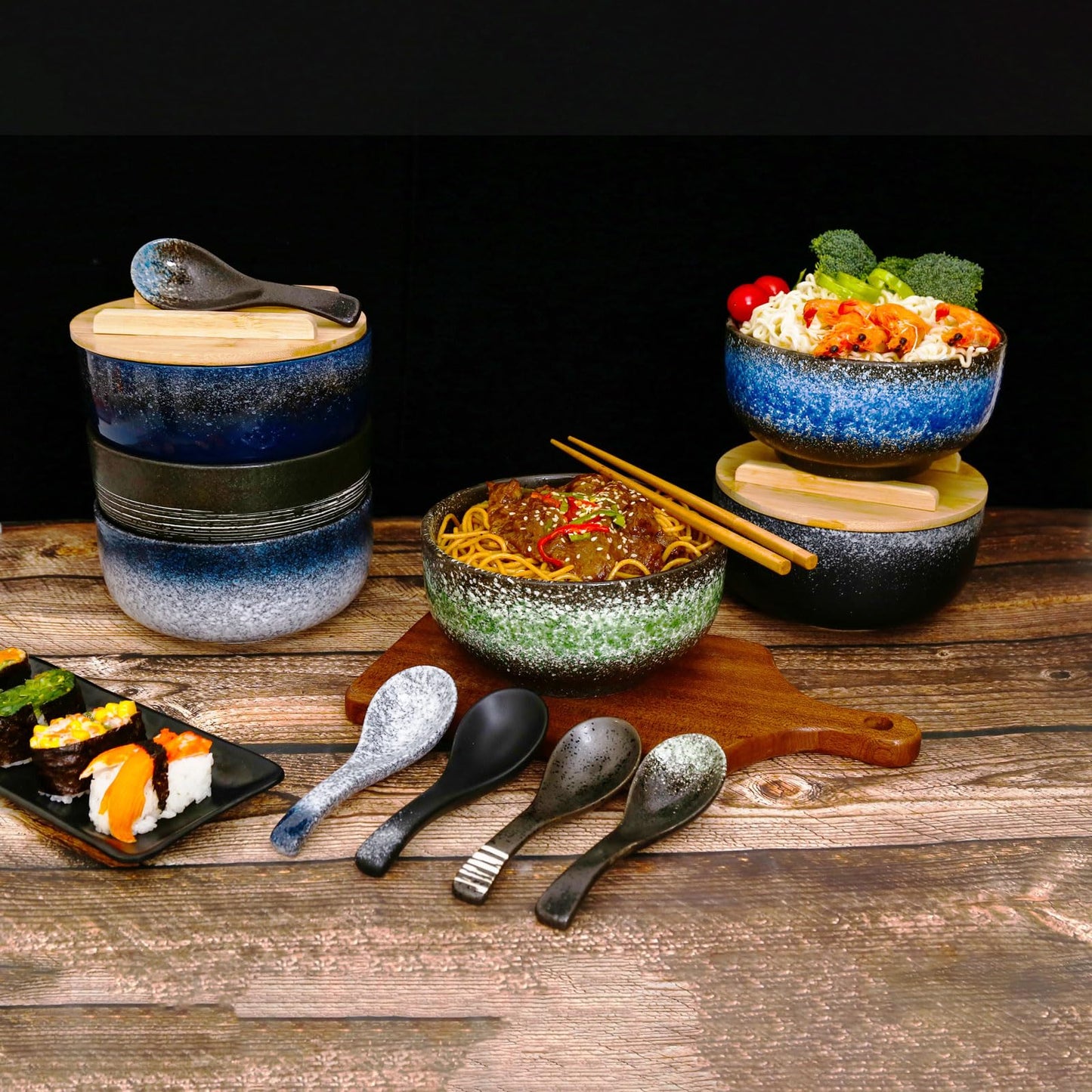 Japanese Ceramic Ramen Bowls Set with Ceramic Spoon, Chopsticks，Lid，38 Ounces Large Capacity Rice Noodle Ramen Bowl for Pho Soup Pasta Salad，Microwavable Oven Safety (Blue)