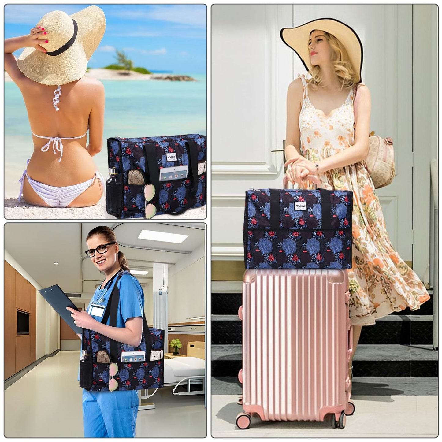 HAWEE Large Utility Bags for Women with Luggage Sleeve and 15.6” Laptop Pocket for Work Air-Friendly Travel Duffel Bag, Coral Leaf