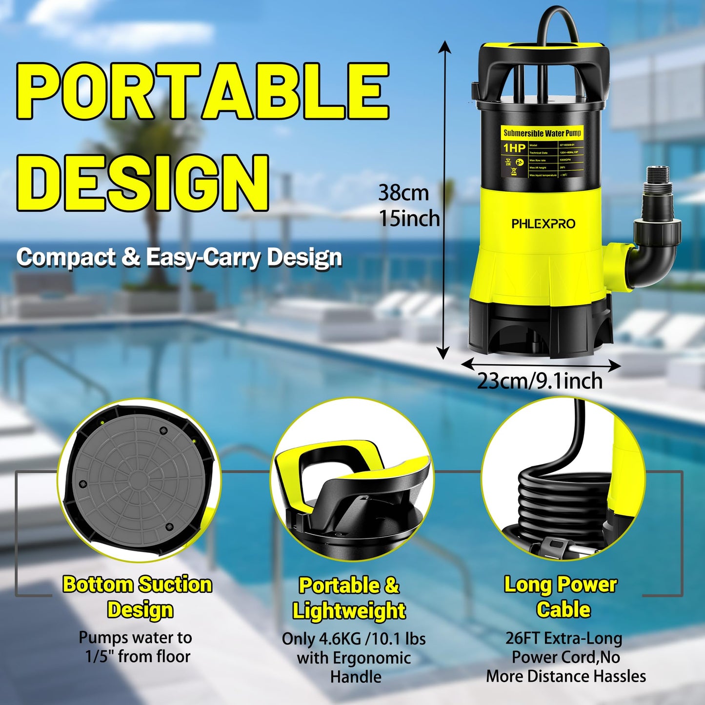 Submersible Water Pump 1HP 5300GPH High Flow Clean/Dirty Water Transfer Pump with Automatic Float Switch,26FT Long Cord,Sump Pump for Pool, Pond,Garden, Flooded Cellar, Aquarium and Irrigation