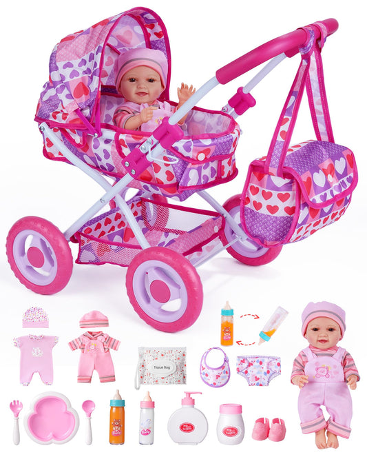BABESIDE Baby Doll Stroller Set with 12 Inch Baby Doll, 14 Pcs Baby Doll Accessories, Folding Doll Pram Pretend Play Set, Feeding, Bath & Care Toys, Gift for Girls Ages 3yrs+