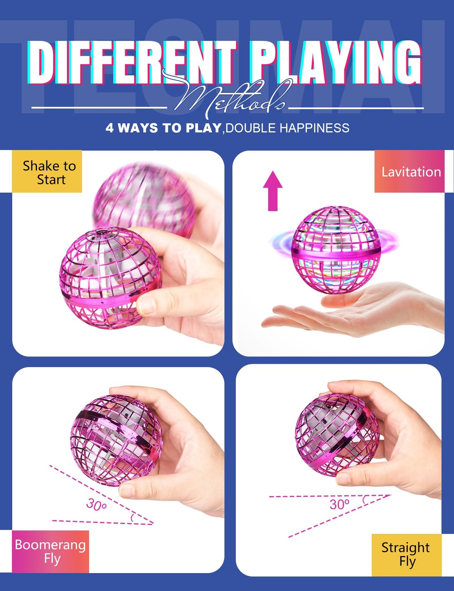 Vrainito Flying Orb Ball 2025 Upgrade, 2 Pack Hand-Controlled Flying Orb Toy, 360° Rotating Cosmic Globe Hover Ball for Kids (Blue + Purple)