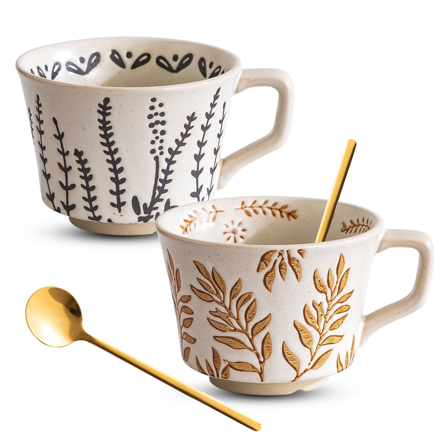 Caigmo Coffee Mugs, Coffee Cup Set of 2, Ceramic Mug Set 11 oz and Spoons for Home & Kitchen, Embossment Leave Novel Cups for Coffee Tea Cocoa Milk Latte, Microwave Dishwasher Safe