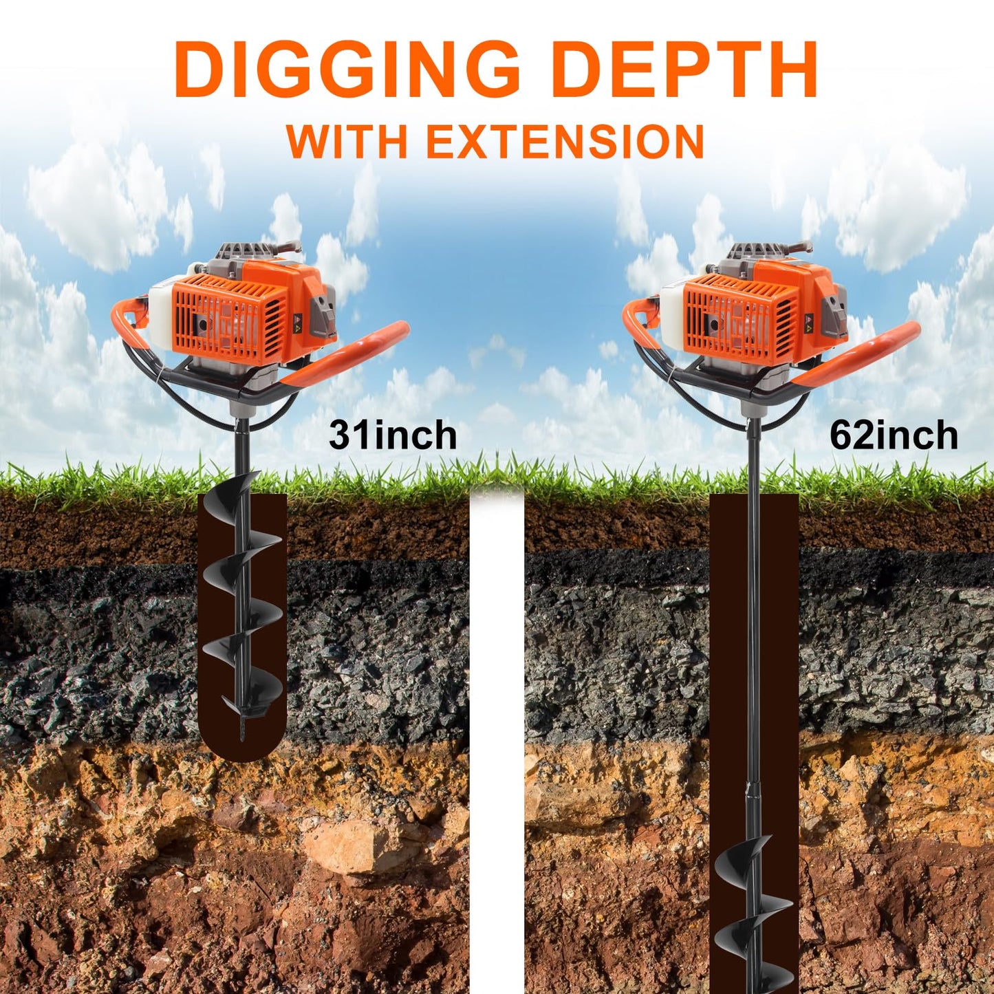 72CC Newly Upgraded Post Hole Digger Gas Powered, 2 Stroke Auger Post Hole Digger with 2 Drill Bits (6" & 8") + 1 Extension Rod for Planting - Ideal for Farm & Garden - Orange (72 CC)
