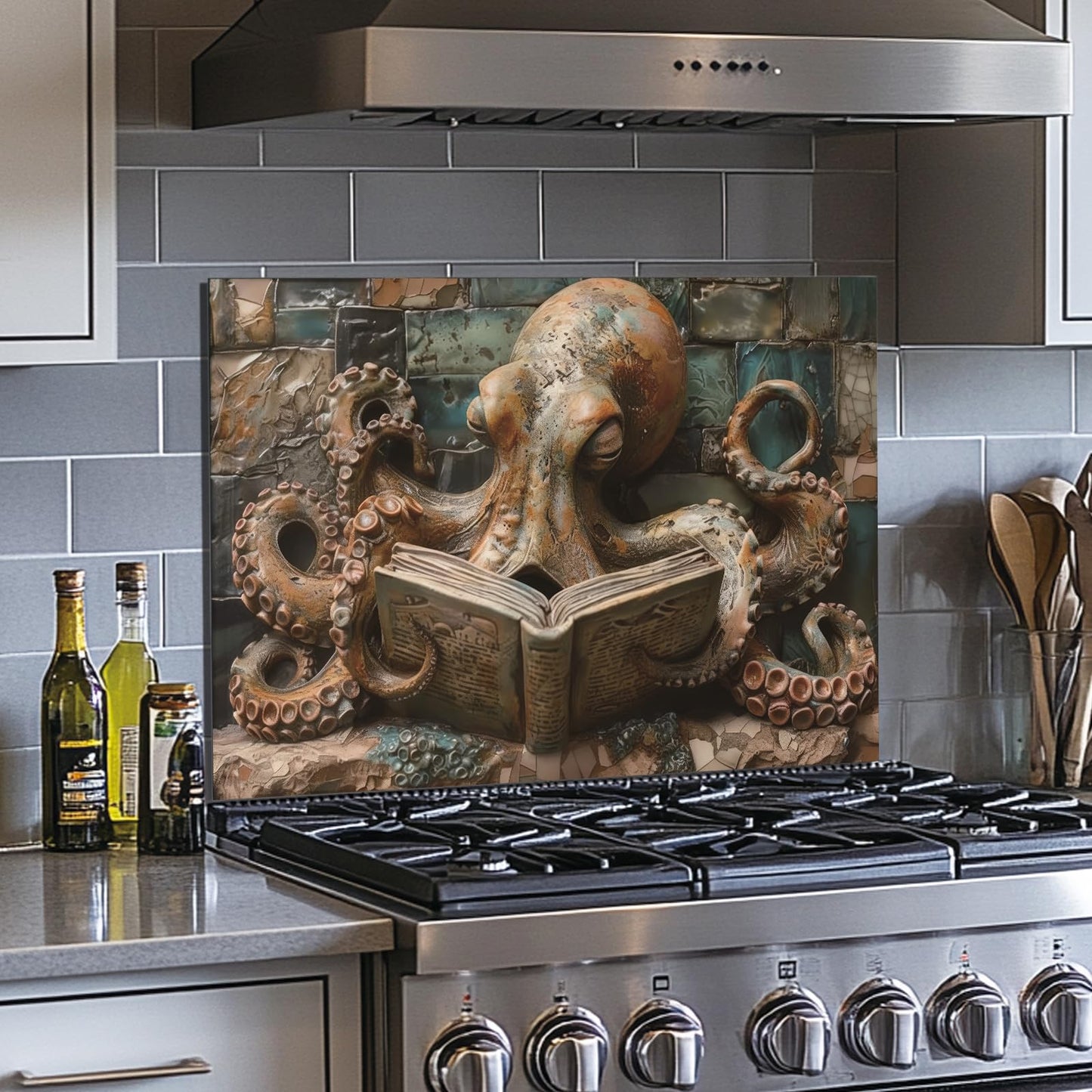 Evgosm Octopus Tempered Glass Kitchen Backsplash, Easy-to-Clean Kitchen Sink Cover with Splash Shield, Home Kitchen Decor (30 inches x 18 inches).