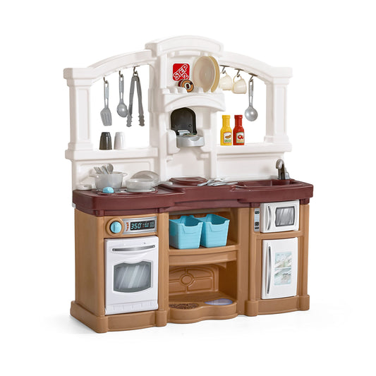 Step2 Fun with Friends Kids Kitchen Playset, Indoor/Outdoor Kitchenette, Interactive Play with Lights and Sounds, Durable Plastic, Includes 25 Piece Toy Accessories, Toddlers 2+ Years Old, Tan